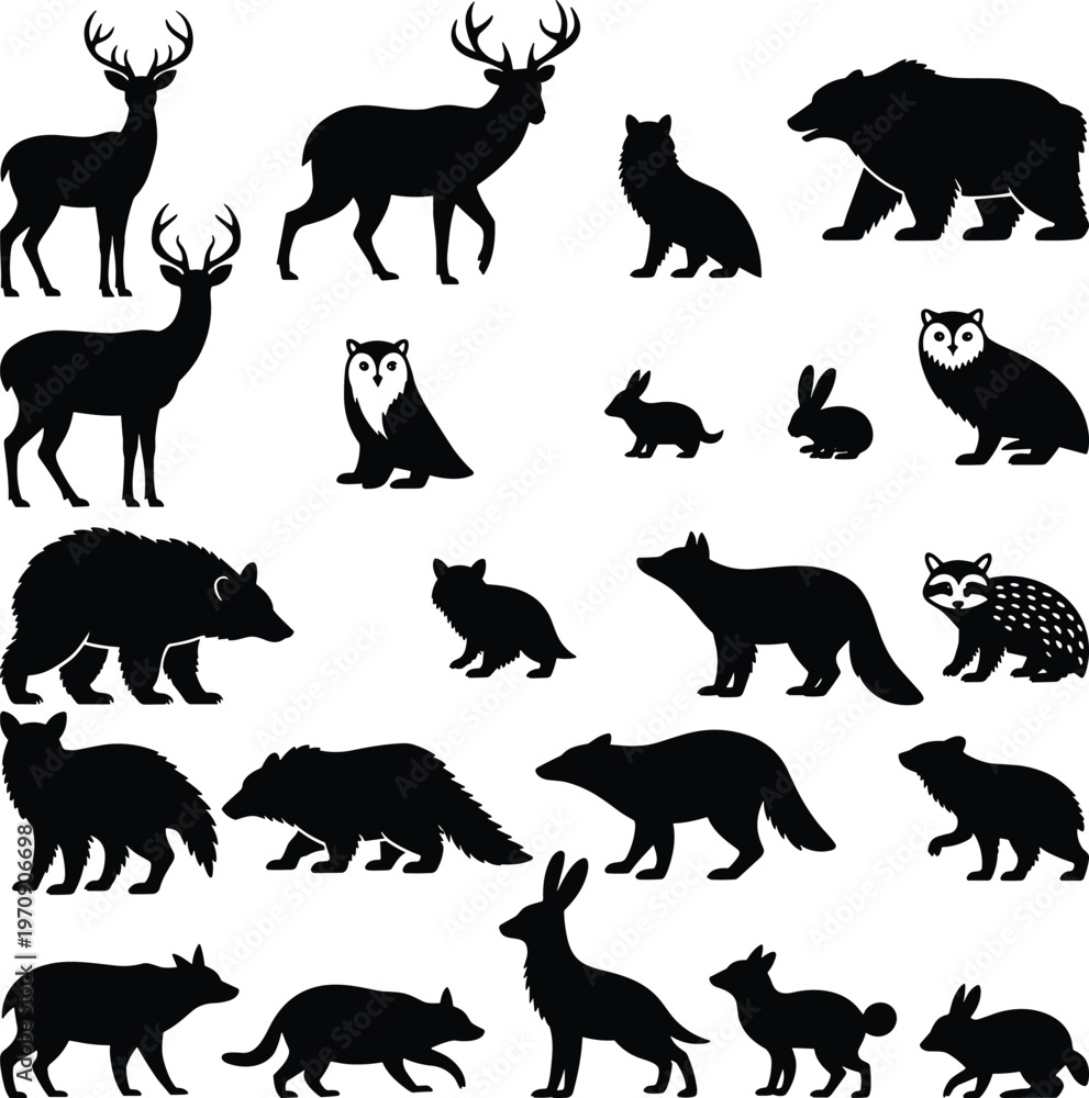 Fototapeta premium Forest animals silhouettes collection with wild mammals, deer, bear, fox, wolf, rabbit and owl, nature wildlife set isolated on white background for design