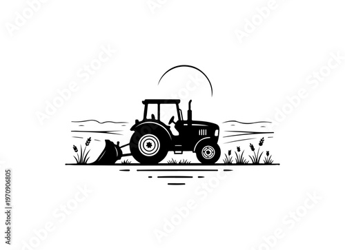 Modern Tractor Plowing Field Vector Illustration