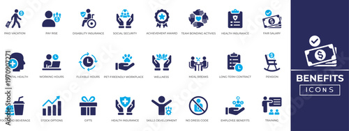 Employee benefits icon set. Health insurance, bonus, social security, insurance, employment, personal, mental, career, and more. Solid icon collection. Vector illustration.