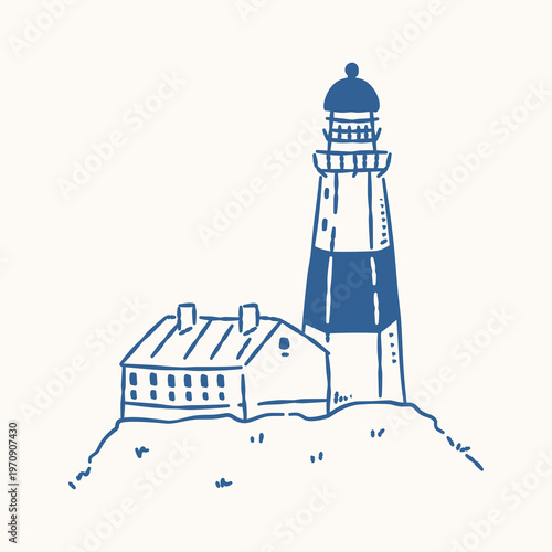 Foto Minimalist blue line art sketch of the iconic Hamptons Lighthouse and cottage