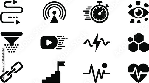 Collection of various black and white icons on a white background