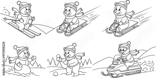 Cute Winter Bear Skiing, Snowball Fights, and Snowmobile Fun, Playful Holiday Activities in Snowy Landscape