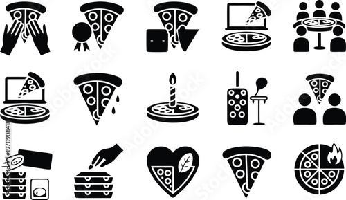 Pizza Culture and Delivery Concept Icons Featuring Slice Awards, Online Ordering, Party Group Dining, Heart Shaped Pizza, and Stacked Boxes in Flat Vector Style