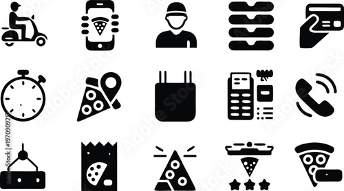 Solid black pizza delivery icons, mobile app food ordering service collection, fast takeout scooter courier, payment concepts - cad drawing flat vector illustration