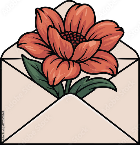 A vibrant orange flower blooms within a delicately illustrated open envelope on a white background high quality