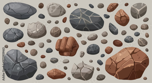 Set of 40 Various Brown and Gray Cartoon Style Rock and Stone Icons
