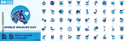 World Wildlife Day Solid Color Editable Icons set