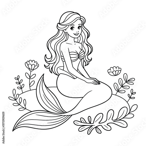 A serene woman in a flowing dress surrounded by blooming flowers isolated on white background, Vector