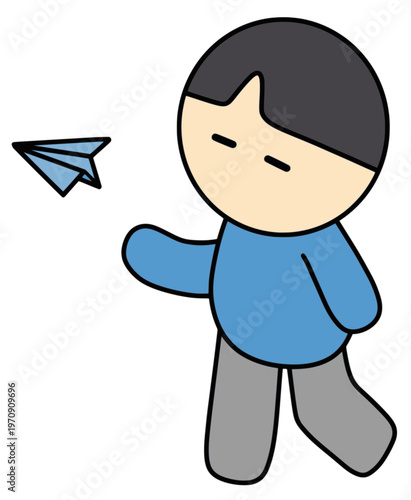 봄 하늘 종이 비행기 날리는 캐릭터 (벡터, 색상 변경 가능)
