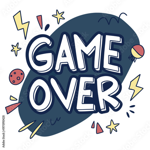 Blue game over sign with exploding stars and colorful symbols text