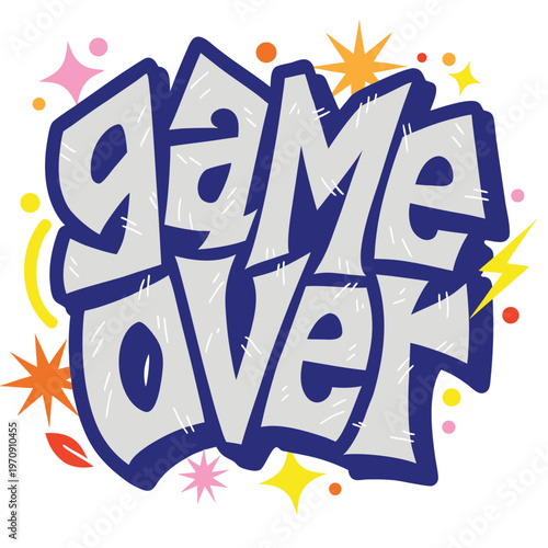 Blue and white game over text with colorful star bursts and confetti