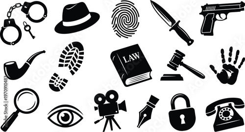 Crime investigation silhouette icons collection including handcuffs, fingerprint, handgun, knife, magnifying glass, gavel, law book, padlock, detective symbols illustration