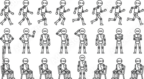 Humanoid robot character animation set featuring various poses including walking running sitting standing waving and saluting in a clean black line art style