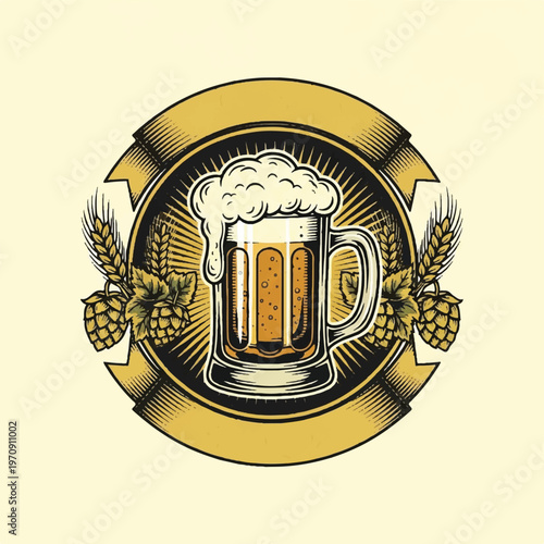 Glowing beer mug emblem featuring frothy head and hops within a circular golden crest.