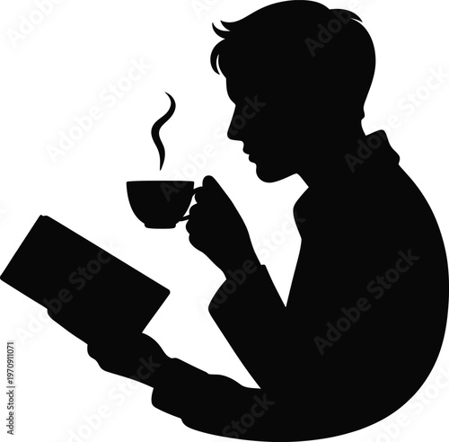 Silhouette of a man reading a book while drinking coffee, relaxing morning hobby and education concept, vector illustration.