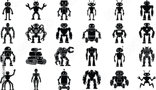 Robot silhouette collection, set of futuristic android characters, mechanical cyborg icons, vintage toy machine design, robotic engineering technology symbols for digital web.