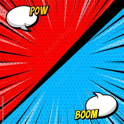 Comic versus battle blue and red with speech bubble in square template for social media 