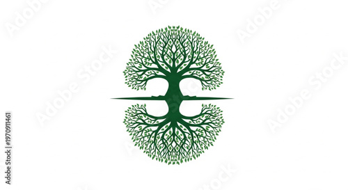 A symmetrical green tree illustration featuring an intricate canopy mirrored by a detailed root system below. This "Tree of Life" concept symbolizes balance, growth.