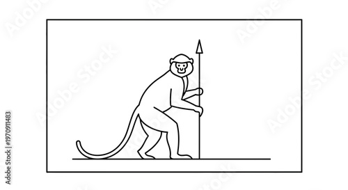 Monkey Warrior with Spear, Cartoon Style, Black and White Line Art
