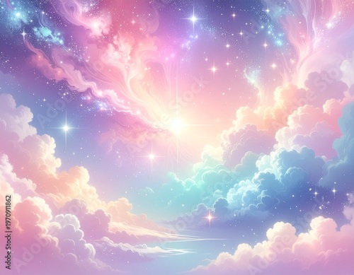 ピンク色の雲が美しいファンタジーな空の背景
