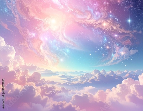 ピンク色の雲が美しいファンタジーな空の背景
