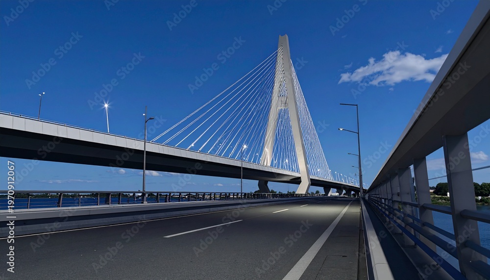 Fototapeta premium modern cable-stayed bridge at dusk with clear blue sky and urban infrastructure