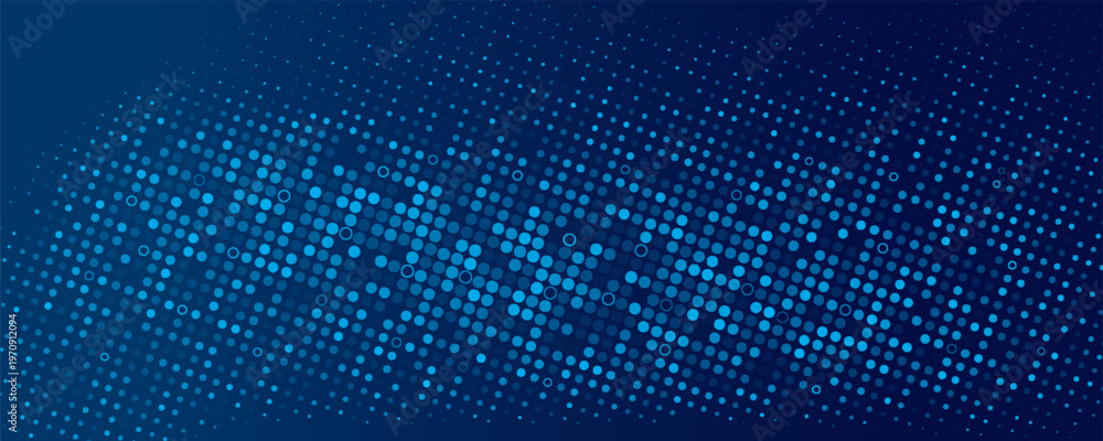 Fototapeta premium Blue Abstract Background with Concentric Circles Halftone Pattern, Modern Digital Radial Gradient Design, Dynamic Dotted Backdrop for Tech Web Banner, Corporate Presentation, and Futuristic Wallpaper.