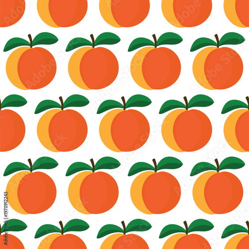 Seamless pattern with peaches and green leaves vector on white background.