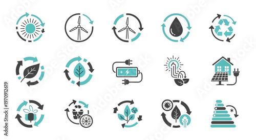 Renewable Energy and Sustainability Icons Set. Eco-Friendly Green Technology Symbols