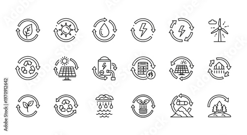 Renewable Energy and Sustainability Line Icons Set