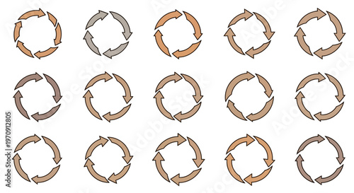 Set of Circular Arrow Icons in Earthy Tones Representing Cycle, Refresh, and Continuity