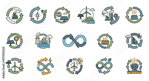 Sustainable Energy and Recycling Icons Set, Circular Economy Concepts