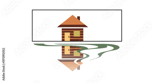 Log Cabin Reflection in Water, Rustic House with Rippling Surface