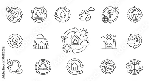 Sustainable environment line icons. Eco friendly recycling and renewable energy symbols