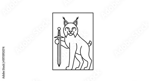 Lynx holding sword, emblem, heraldic animal, wild cat, symbol, vector illustration