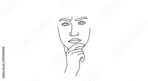 Man Thinking Deeply, Hand on Chin, Pensive Expression, Line Art Illustration