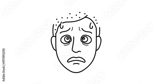 Man's Face Showing Fear and Anxiety, Sweating and Wide Eyes, Black and White Line Art