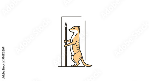 Meerkat Guarding Entrance with Spear, Stylized Line Art Illustration