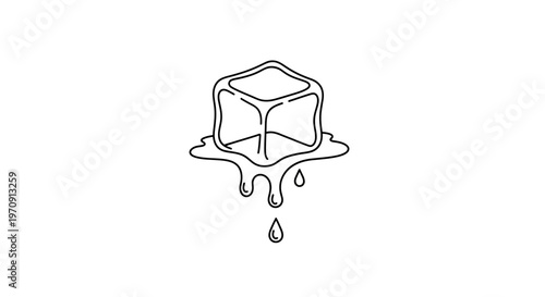 Melting Ice Cube Dripping Water Drops Line Art Icon