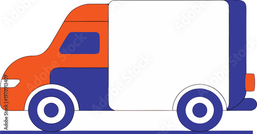 Flat delivery truck side view illustration in minimal style showing logistics and transportation. Perfect concept for shipping, courier, business and delivery services.