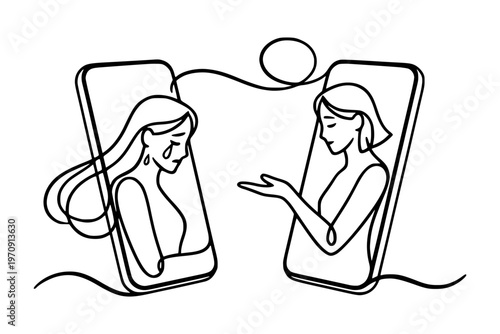 Two women on phones in line art style on white background showing emotional support during conversation call and emotional intelligence
