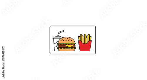 Simple flat vector icon of a fast food tray with a burger, fries, and soda, set against a clean white background, embodying modern minimalist design