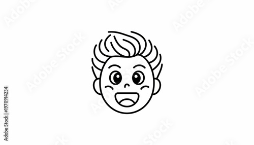 Happy Boy Face Cartoon Drawing, Cheerful Kid Expression, Simple Line Art Illustration