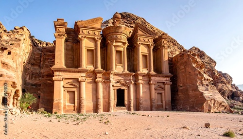A majestic sandstone temple carved into a rock face, illuminated by sunlight. Ancient columns and intricate details are visible