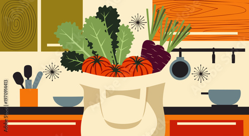 Freshly bought vegetables in a reusable grocery bag on a modern kitchen counter, illustrating healthy eating and sustainable living with a retro flat design.