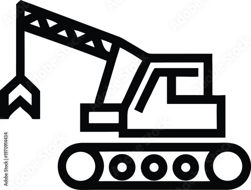 Heavy construction excavator machine with a powerful grabber claw attachment icon