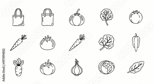 Hand-drawn Icons of Fresh Vegetables and Shopping Bags, Perfect for Healthy Eating and Eco-Friendly Shopping Concepts