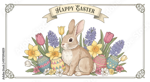 Easter bunny with colorful flowers and eggs.