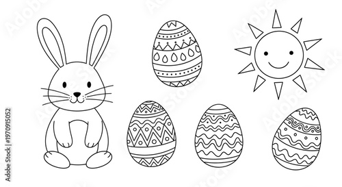 Easter bunny and decorated eggs coloring page.