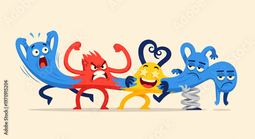 Cartoon Characters in a Humorous Tug-of-War, Expressing Diverse Emotions and Playful Struggle